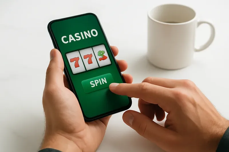 Man's hands tapping mobile casino interface on white marble desk