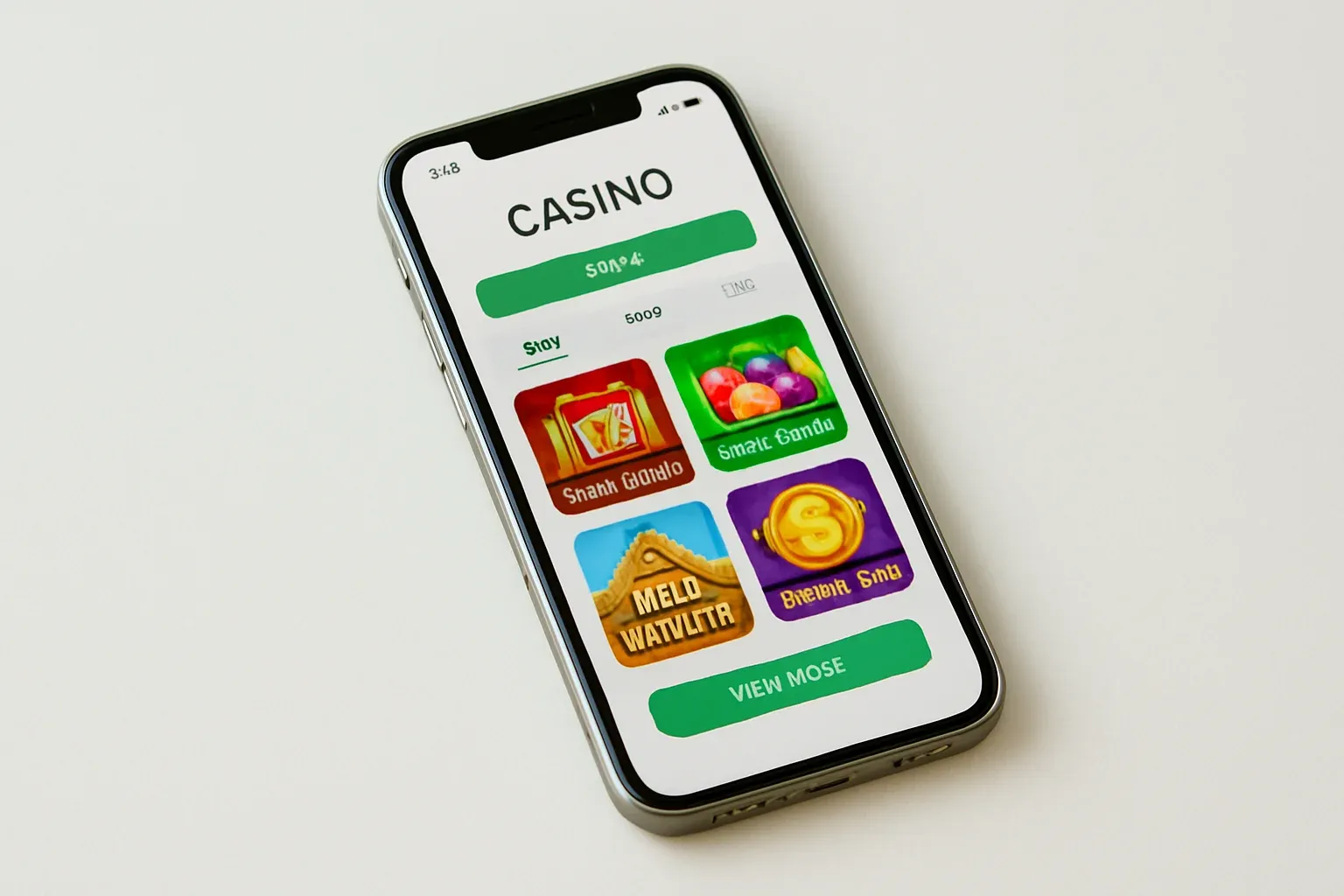 Smartphone angled on cream background showing light casino game interface