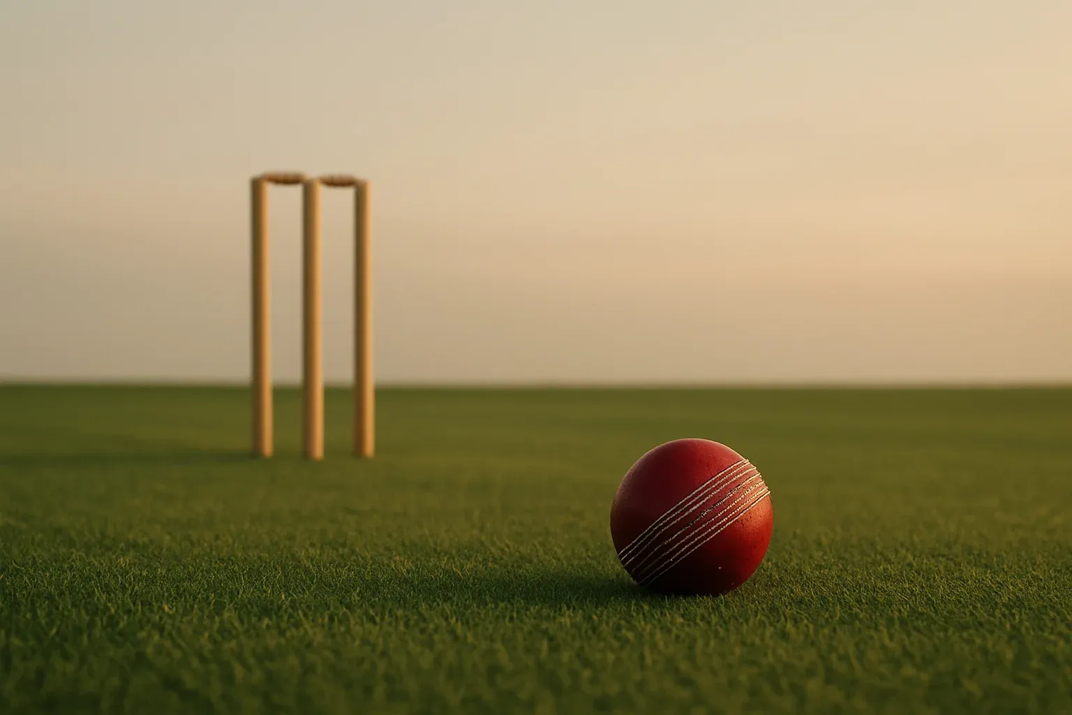 Red cricket ball on mown pitch grass with stumps at dusk
