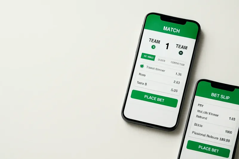 Two smartphones showing match dashboard and bet slip on cream surface