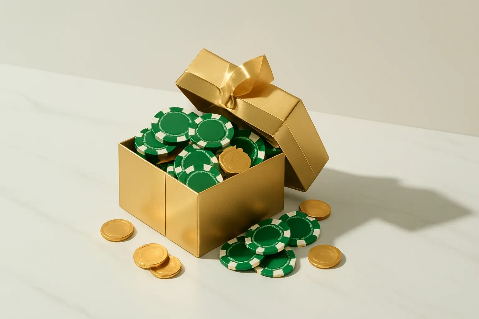 Golden gift box overflowing with poker chips and gold coins