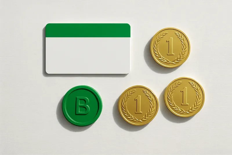 Loyalty card, bonus token and gold coins on white linen