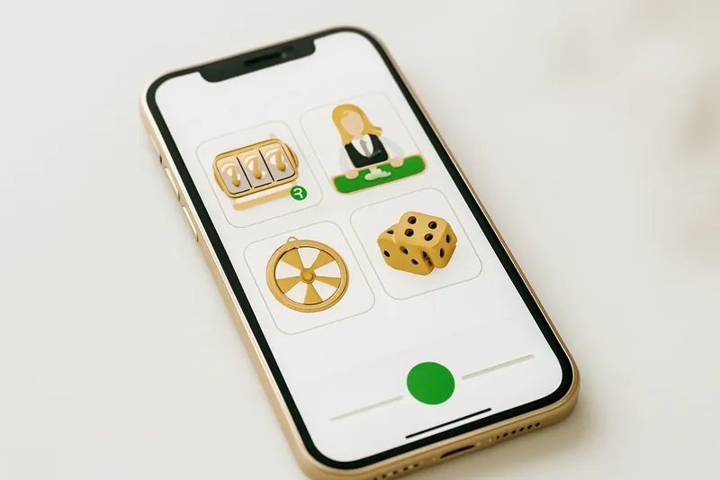 Mobile phone showing casino app with slots and live casino games