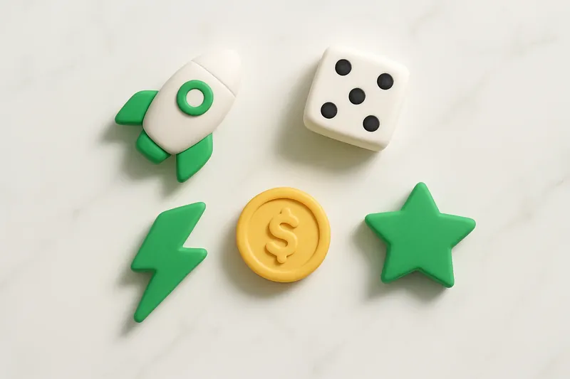 Five 3D instant game symbols on white marble flat lay