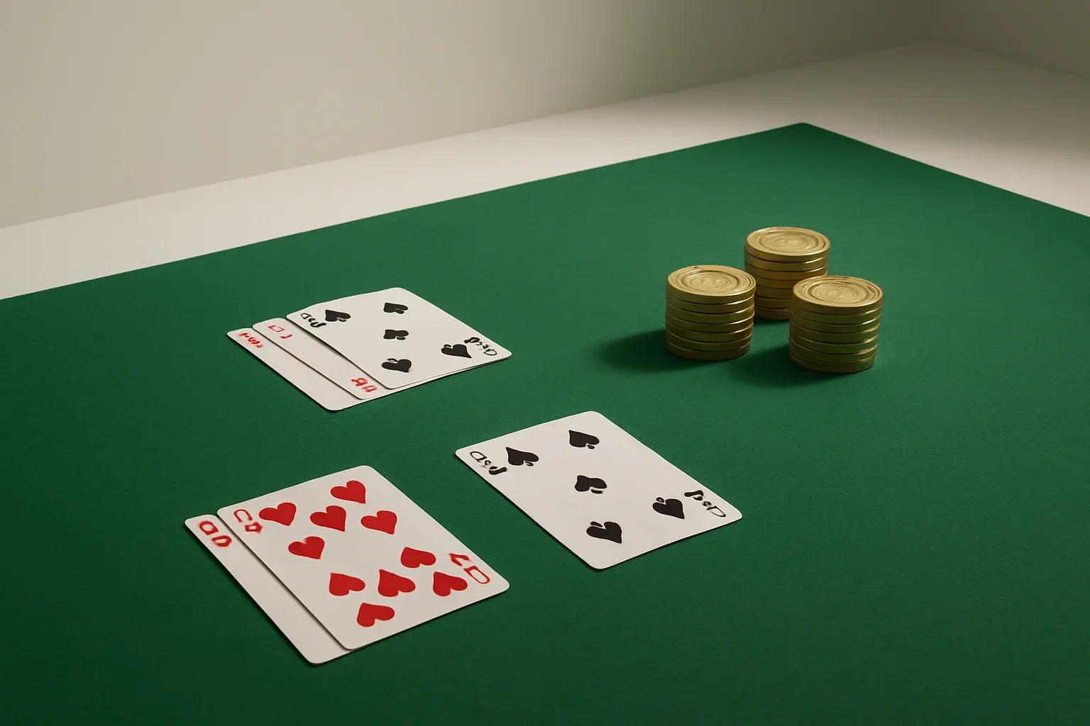 Green felt casino table with card hands and gold chips